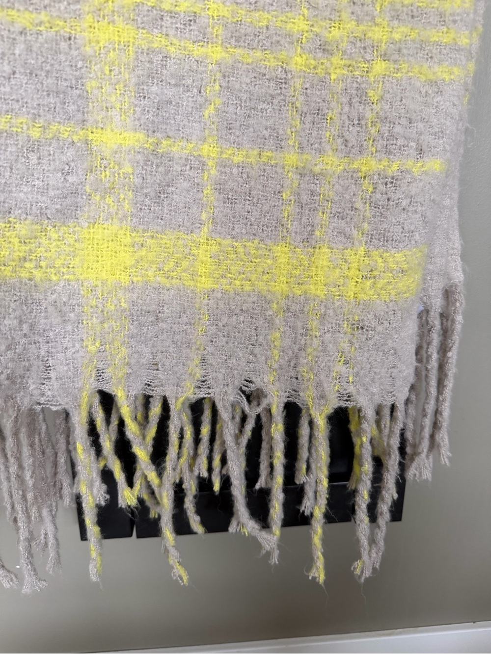 Free People Oversized Plaid Blanket Scarf Gray Neon Yellow Fringe Boho - Picture 2 of 5